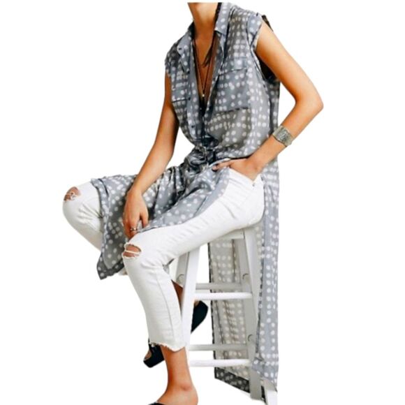 Free People Maxi Duster Cardigan Sleeveless Sheer Dot Lace Blouse Gray White L - Picture 2 of 16
